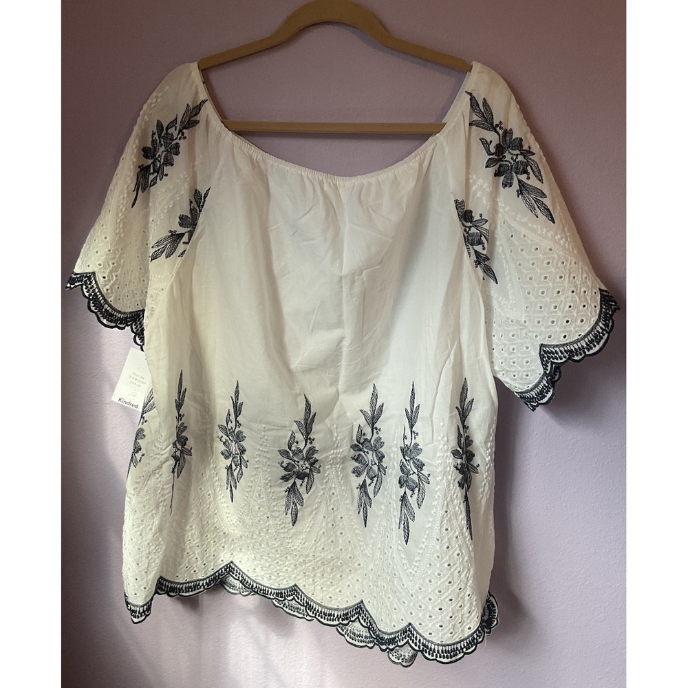 Kindred‎ White Navy Eyelet Boho Embroidered Cotton Blouse Top Mini Dress 3X New